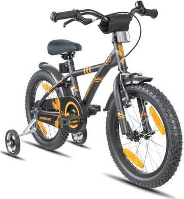 Prometheus Bicycles ®, Kinderfiets 16, zwart mat Orange met zijwieltjes